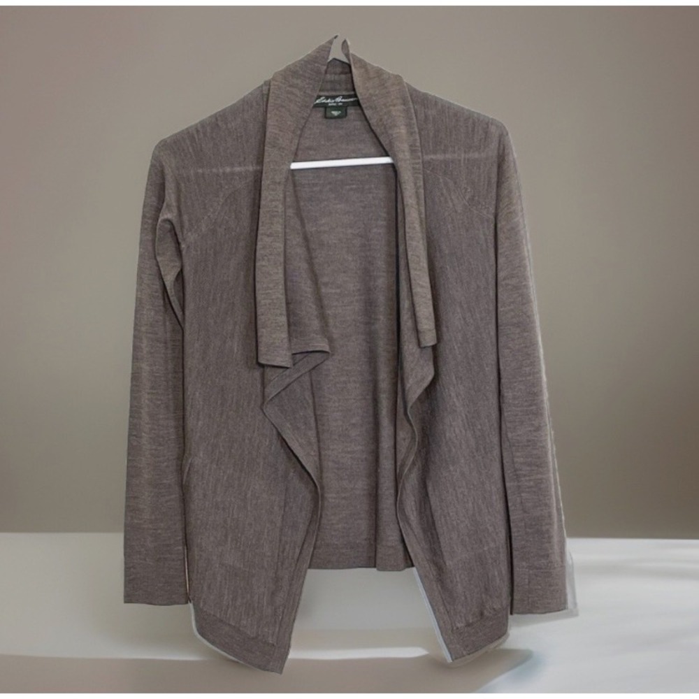 Eddie Bauer Sweater Womens XS 100% Wool Drape Open Front Cardigan Taupe